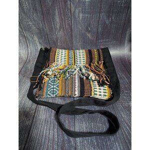 Catori Multi Color Striped Embellished Canvas Fringe Crossbody Boho Bag Purse